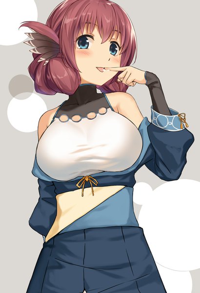 Anime picture 1094x1600 with utawareru mono utawareru mono: itsuwari no kamen white fox nosuri (utawareru mono) cccpo single tall image looking at viewer blush fringe short hair breasts blue eyes simple background hair between eyes large breasts bare shoulders pink hair red hair long sleeves