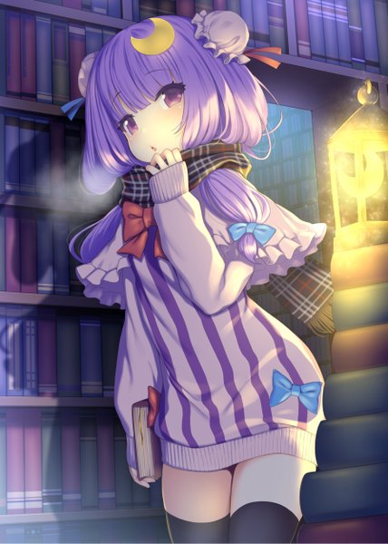 Anime picture 893x1253 with touhou patchouli knowledge pokachu single long hair tall image looking at viewer purple eyes purple hair hair bun (hair buns) girl thighhighs dress bow black thighhighs hair bow scarf book (books) moon (symbol)