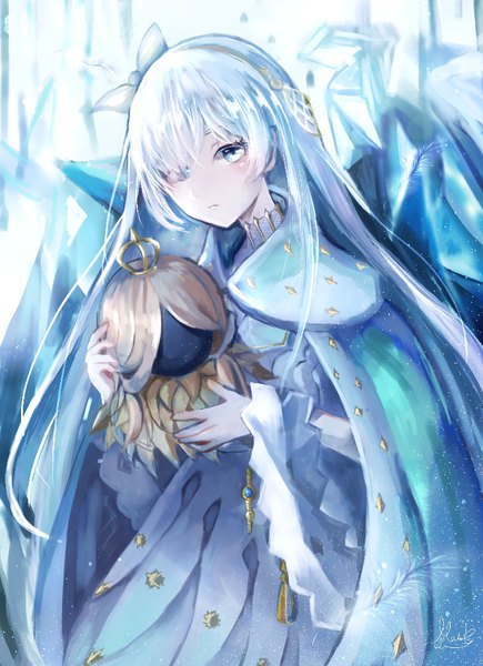 Anime picture 755x1041 with fate (series) fate/grand order anastasia (fate) viy (fate) momokajyu140 single long hair tall image looking at viewer blush fringe blue eyes standing holding payot silver hair hair over one eye wide sleeves girl dress