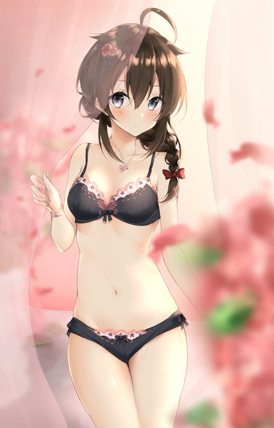 Anime picture 3033x4730 with kantai collection shigure destroyer uzuki tsukuyo single long hair tall image looking at viewer blush fringe highres breasts light erotic hair between eyes brown hair standing bare shoulders absurdres ahoge indoors braid (braids)