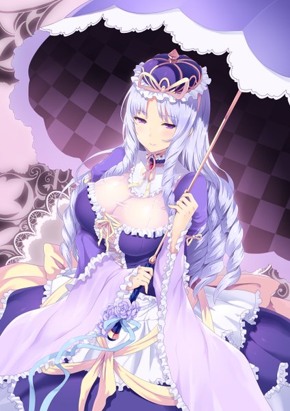 Anime picture 900x1273 with original cait single tall image looking at viewer blush breasts light erotic large breasts purple eyes silver hair drill hair checkered girl dress flower (flowers) ribbon (ribbons) choker frills rose (roses)