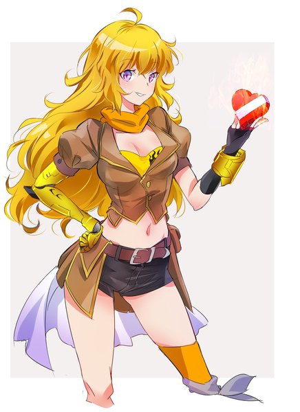 Anime picture 1162x1600 with rwby rooster teeth yang xiao long iesupa single long hair tall image looking at viewer breasts blonde hair smile purple eyes ahoge short sleeves puffy sleeves hand on hip valentine curly hair girl gloves