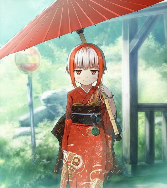 Аниме картинка 2560x2880 с monobeno sumi (monobeno) cura высокое изображение румянец высокое разрешение короткие волосы красные глаза game cg японская одежда разноцветные волосы лоли девушка кимоно зонт оби