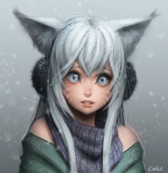 Anime picture 1000x1027 with final fantasy final fantasy xiv square enix miqo'te funsized-cake single long hair tall image looking at viewer fringe hair between eyes bare shoulders signed animal ears parted lips lips grey hair grey background grey eyes facial mark