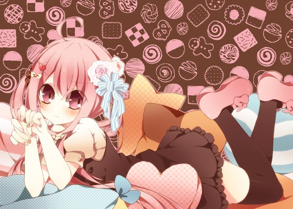 Anime picture 1200x856 with original anju (mocomocousagi) single long hair looking at viewer blush pink hair pink eyes loli girl thighhighs dress hair ornament bow black thighhighs