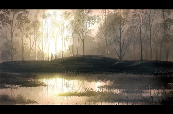 Anime picture 1200x794 with original mugon evening reflection sunset letterboxed landscape silhouette nature lake boy plant (plants) tree (trees) water grass