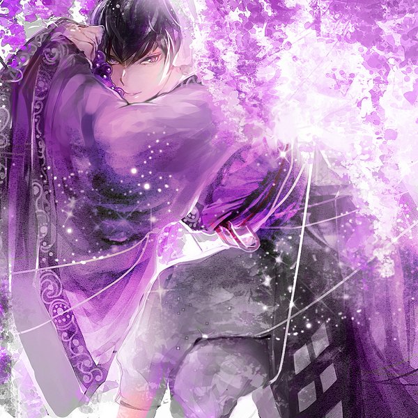 Anime picture 1000x1000 with hoozuki no reitetsu wit studio hakutaku (hoozuki no reitetsu) ihiro single looking at viewer fringe short hair black hair sitting purple eyes traditional clothes lips wide sleeves crossed legs boy beads