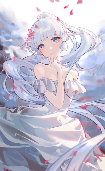 Anime picture 3897x6350 with genshin impact kamisato ayaka yutou (yutou75) single tall image looking at viewer fringe highres blue eyes absurdres silver hair ponytail blunt bangs very long hair hair flower alternate costume finger to mouth girl dress flower (flowers)