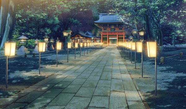 Anime picture 1360x800 with shoujo shin'iki wide image game cg night shadow no people plant (plants) tree (trees) lamp road