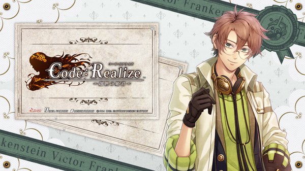 Anime picture 1920x1080 with code: realize ~sousei no himegimi~ victor frankenstein miko (artist) single looking at viewer highres short hair blue eyes smile brown hair wide image arm up copyright name character names headphones around neck boy gloves black gloves headphones