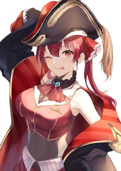 Anime picture 2894x4093 with virtual youtuber hololive houshou marine houshou marine (1st costume) yushiro single long hair tall image fringe highres simple background hair between eyes red eyes white background twintails red hair one eye closed off shoulder midriff covered navel