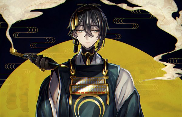 Anime picture 800x515 with touken ranbu nitroplus mikazuki munechika abandon ranka single fringe short hair blue eyes black hair hair between eyes looking away upper body smoke egasumi boy hair ornament pipe kiseru