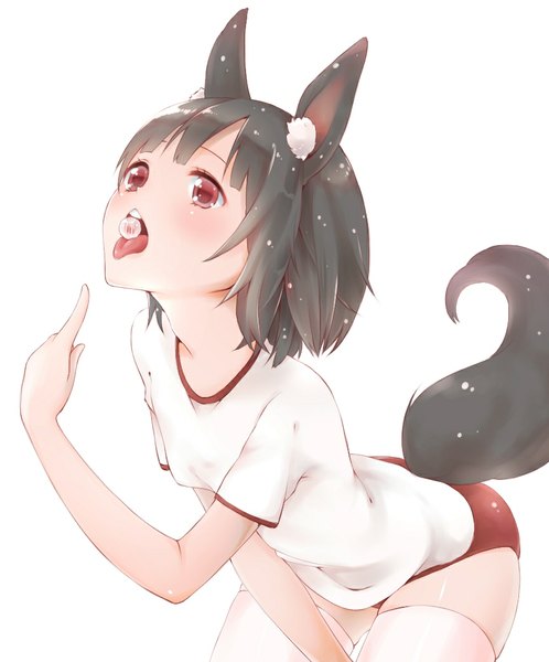 Anime picture 864x1040 with original rima (rimarip) single tall image blush short hair breasts open mouth light erotic black hair red eyes white background animal ears tail animal tail loli leaning leaning forward fox ears shiny skin