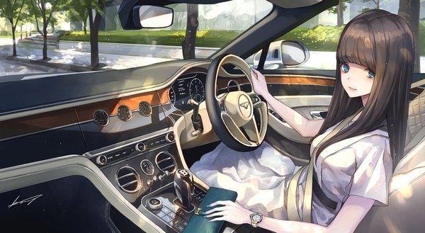 Anime picture 4093x2250 with original bentley koh (minagi kou) single long hair looking at viewer fringe highres blue eyes brown hair wide image sitting holding signed absurdres blunt bangs nail polish parted lips fingernails light smile
