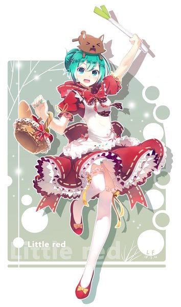 Anime picture 2480x4209 with little red riding hood project diva project diva 2nd vocaloid hatsune miku lf single tall image looking at viewer highres short hair open mouth light erotic smile standing green eyes signed nail polish green hair short sleeves