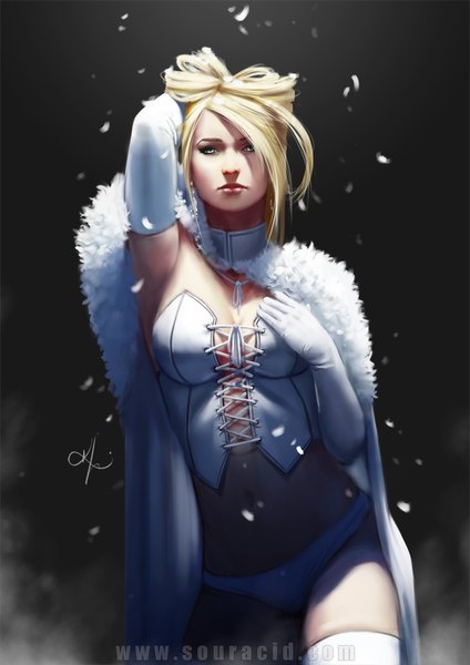 Anime picture 666x942 with x-men marvel comics emma grace frost souracid (artist) single tall image looking at viewer breasts blue eyes light erotic simple background large breasts signed lips realistic bare belly bare legs watermark adjusting hair hand on chest