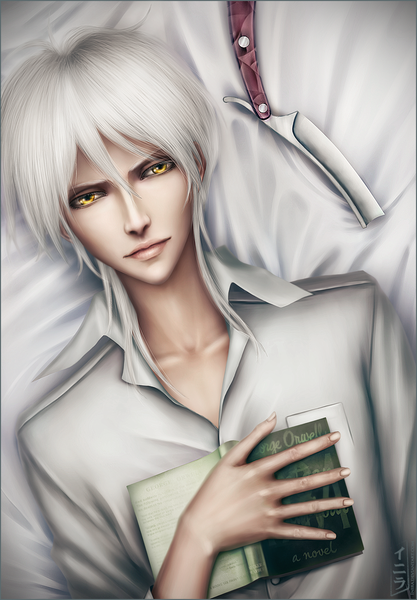 Anime picture 835x1200 with psycho-pass production i.g shougo makishima inira single long hair tall image yellow eyes white hair lying lips realistic boy shirt book (books) knife