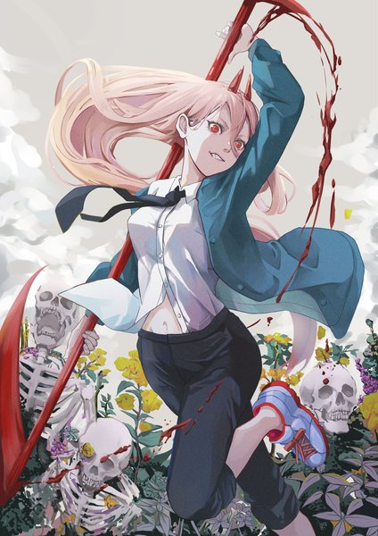 Anime-Bild 2480x3508 mit chainsaw man mappa power (chainsaw man) peropicnic single long hair tall image fringe highres hair between eyes red eyes looking away pink hair horn (horns) clenched teeth skeleton girl flower (flowers) weapon shirt