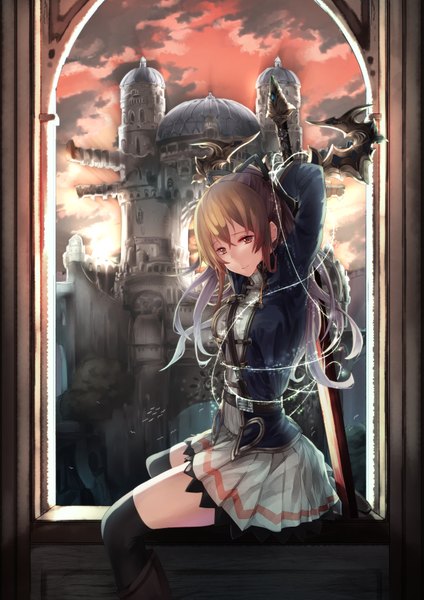 Anime picture 1236x1750 with granblue fantasy vira lilie saraki single long hair tall image looking at viewer fringe breasts smile hair between eyes red eyes brown hair sitting holding payot sky cloud (clouds) ponytail pleated skirt