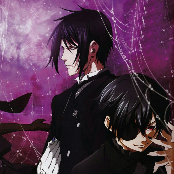 Anime picture 1280x1280 with kuroshitsuji a-1 pictures sebastian michaelis ciel phantomhive looking at viewer short hair smile red eyes multiple boys butler boy gloves necktie 2 boys ring eyepatch suit