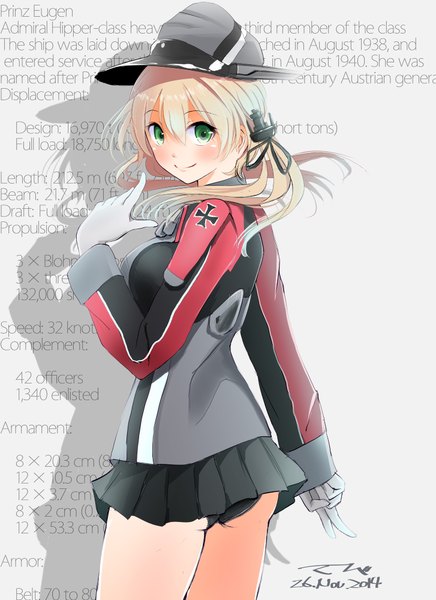 Anime picture 1454x2000 with kantai collection prinz eugen (kantai collection) tebi (tbd11) single long hair tall image looking at viewer blush light erotic blonde hair smile twintails green eyes signed ass looking back from behind grey background pantyshot character names