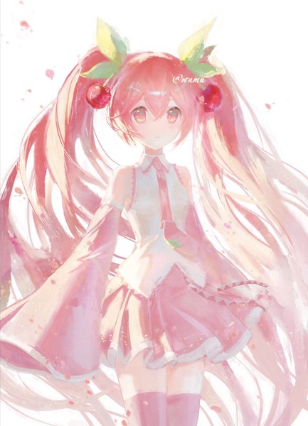 Anime picture 1175x1629 with vocaloid hatsune miku sakura miku wnmuwnmu single tall image fringe simple background hair between eyes white background twintails signed pink hair very long hair pleated skirt pink eyes twitter username girl skirt detached sleeves