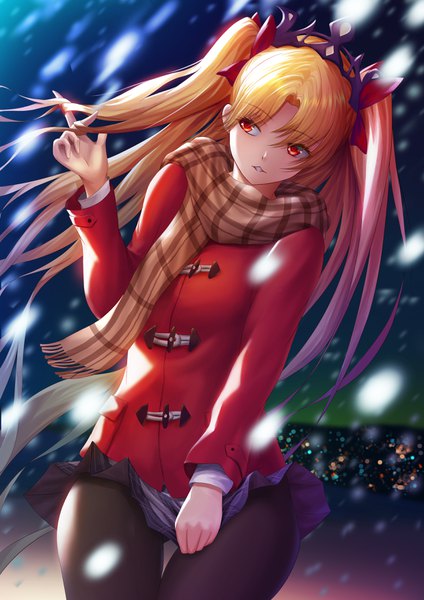 Anime picture 2480x3508 with fate (series) fate/grand order ereshkigal (fate) fujifuji924 single long hair tall image fringe highres light erotic blonde hair hair between eyes red eyes standing looking away outdoors long sleeves parted lips head tilt pleated skirt