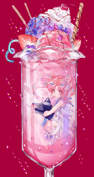 Anime picture 1200x2250 with bishoujo senshi sailor moon toei animation chibiusa luna p ahma single long hair tall image looking at viewer simple background twintails bare shoulders pink hair pink eyes barefoot sparkle hair bun (hair buns) partially submerged red background minigirl