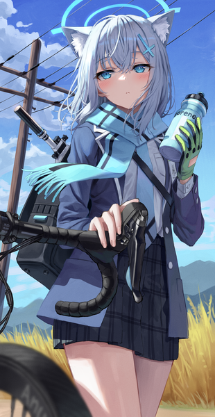 Anime picture 1200x2319 with blue archive shiroko (blue archive) superpig (wlstjqdla) single long hair tall image blush fringe blue eyes hair between eyes standing holding animal ears looking away sky silver hair cloud (clouds) outdoors pleated skirt plaid skirt