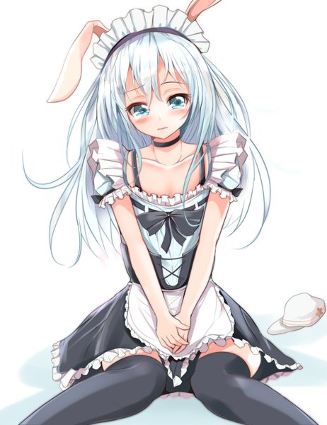 Anime picture 1373x1782 with kantai collection hibiki destroyer verniy destroyer velia (artist) single long hair tall image looking at viewer blush blue eyes white background animal ears white hair maid bunny ears girl thighhighs black thighhighs frills headdress
