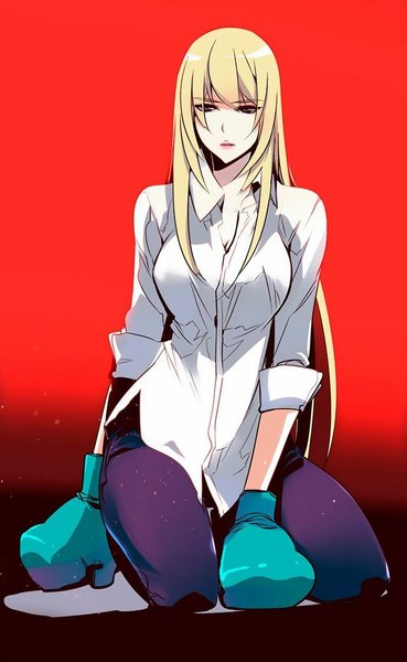 Anime picture 690x1119 with girl of the wild's yoon in gyi queen (gotw) single long hair tall image fringe simple background blonde hair sitting black eyes open collar red background twisty sleeves girl shirt boxing gloves