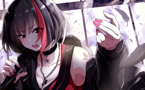 Anime picture 2553x1594 with bang dream! mitake ran fuu (fuore) single looking at viewer blush fringe highres short hair open mouth black hair hair between eyes red eyes wide image bare shoulders holding red hair nail polish multicolored hair hair over one eye
