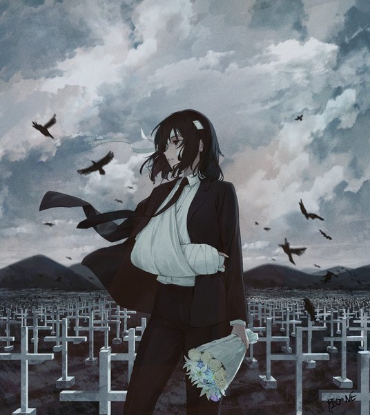 Anime picture 5356x5990 with chainsaw man mappa himeno (chainsaw man) pigone single tall image highres short hair black hair standing looking away absurdres sky cloud (clouds) outdoors wind black eyes alternate age younger bandage over one eye