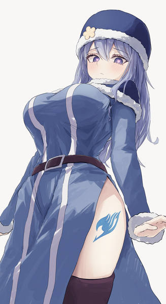 Anime picture 2086x3827 with fairy tail juvia lockser muginosa single long hair tall image looking at viewer fringe highres blue eyes light erotic simple background hair between eyes white background blue hair from below tattoo fur trim symbol-shaped pupils side slit
