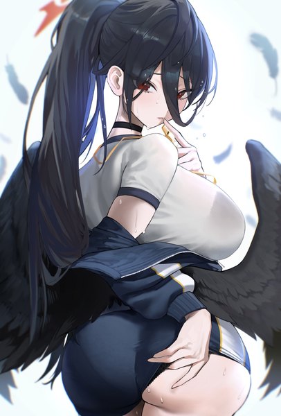 Anime picture 1695x2507 with blue archive hasumi (blue archive) hasumi (gym uniform) (blue archive) kazane-wind single long hair tall image looking at viewer fringe breasts light erotic black hair simple background hair between eyes red eyes large breasts standing white background ass ponytail