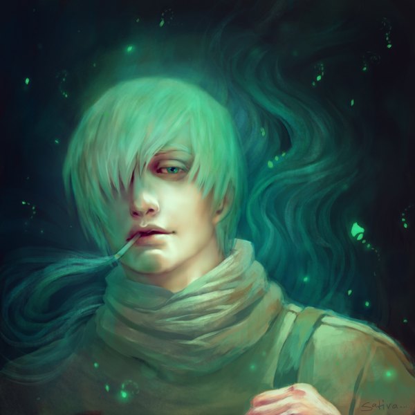 Anime picture 1000x1000 with mushishi ginko satiiiva single looking at viewer fringe short hair holding green eyes signed green hair hair over one eye mouth hold glowing smoke smoking boy scarf cigarette