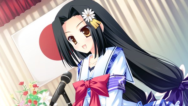 Anime picture 1024x576 with strawberry nauts long hair open mouth black hair wide image yellow eyes game cg girl uniform hair ornament flower (flowers) school uniform microphone flag japanese flag