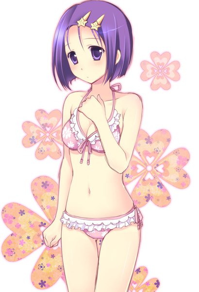 Anime picture 602x881 with toloveru toloveru darkness xebec sairenji haruna chany single tall image blush short hair breasts light erotic simple background purple eyes bare shoulders looking away cleavage purple hair embarrassed thigh gap hand on chest