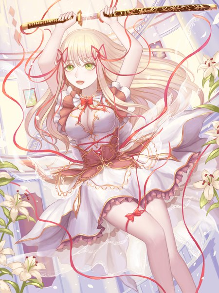 Anime picture 1200x1600 with original rinmmo single long hair tall image blush fringe breasts open mouth blonde hair hair between eyes standing holding green eyes looking away lips arms up light cleavage cutout frilled dress