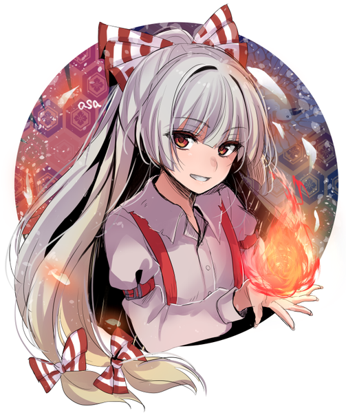 Anime picture 679x810 with touhou fujiwara no mokou asa (coco) single long hair tall image looking at viewer fringe smile red eyes signed payot silver hair upper body ponytail magic girl bow hair bow shirt