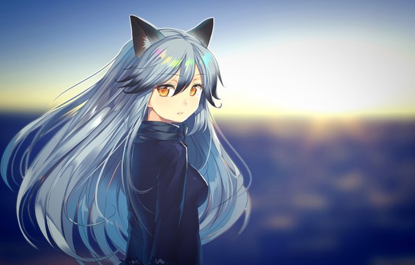Anime picture 2500x1600 with kemono friends silver fox (kemono friends) kakaon single long hair looking at viewer fringe highres hair between eyes animal ears silver hair upper body long sleeves looking back multicolored hair lips from behind sunlight blurry orange eyes