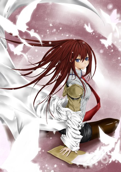Anime picture 3507x4960 with steins;gate white fox makise kurisu single long hair tall image highres blue eyes smile brown hair sitting absurdres girl pantyhose necktie shorts insect butterfly