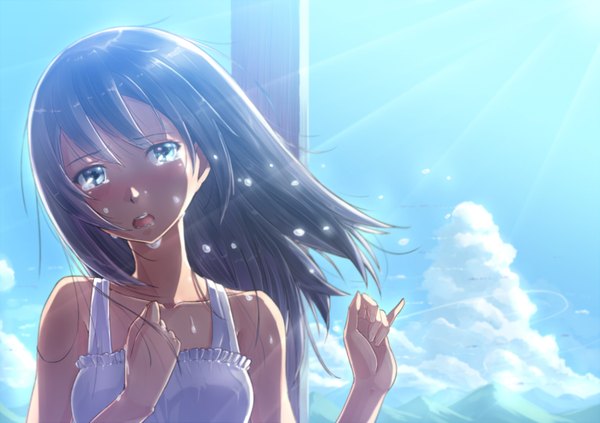Anime picture 1534x1084 with original kazeno single long hair looking at viewer blush open mouth blue eyes black hair bare shoulders sky cloud (clouds) tears girl dress sundress