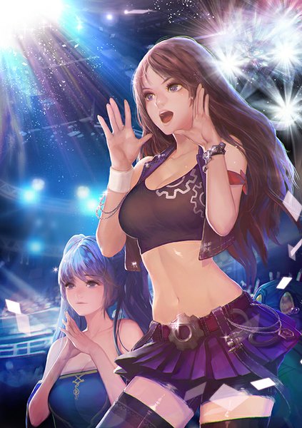 Anime picture 565x800 with league of legends sona buvelle caitlyn (league of legends) amumu (league of legends) instant-ip long hair tall image fringe blue eyes brown hair standing twintails bare shoulders multiple girls brown eyes blue hair pleated skirt light smile bare belly light
