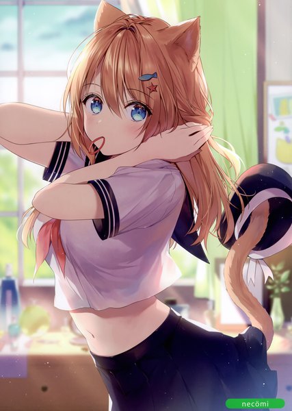 Anime picture 2105x2958 with melonbooks necomi (gussan) single long hair tall image looking at viewer blush fringe highres blue eyes blonde hair hair between eyes standing holding signed animal ears indoors tail animal tail pleated skirt