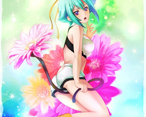 Anime picture 1024x819 with aquarion (series) aquarion evol satelight zessica wong single blush short hair open mouth purple eyes bare shoulders green hair teeth fang (fangs) girl flower (flowers) ribbon (ribbons) hair ribbon shorts white shorts