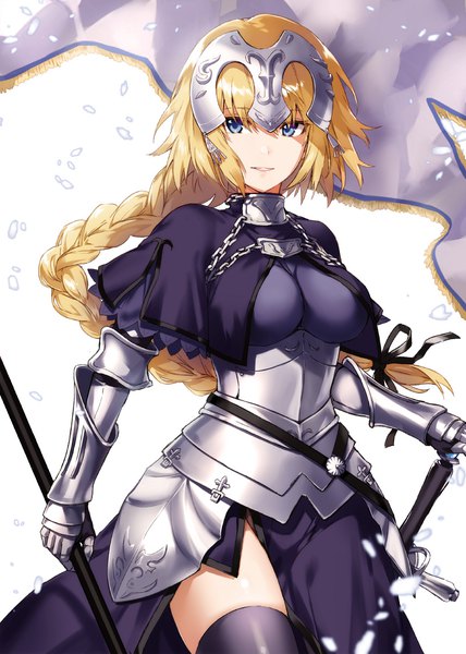 Anime picture 800x1122 with fate (series) fate/apocrypha jeanne d'arc (fate) (all) jeanne d'arc (fate) arisaka ako single long hair tall image blue eyes light erotic blonde hair white background braid (braids) wind single braid girl weapon sword armor armored dress