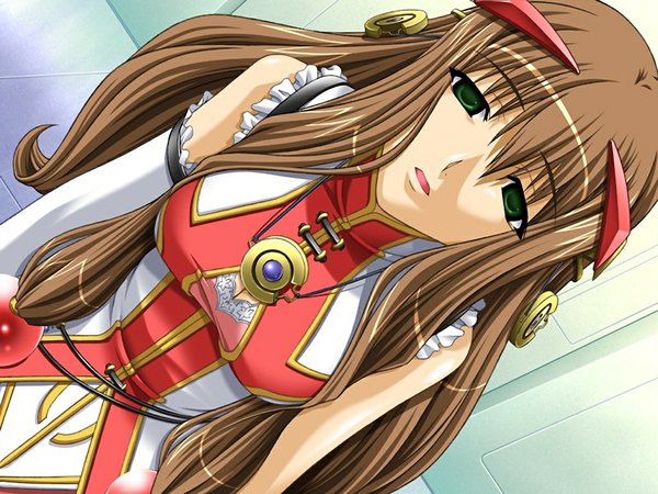 Anime picture 1024x768 with eclipse (game) long hair brown hair green eyes game cg girl locket