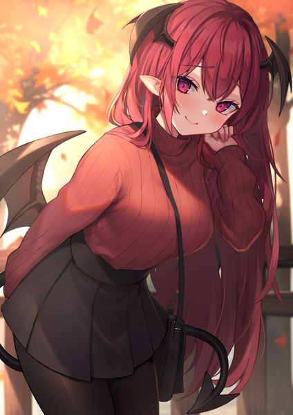 Anime picture 1447x2047 with touhou koakuma wowoguni single long hair tall image looking at viewer blush fringe breasts smile red eyes standing outdoors red hair tail long sleeves pleated skirt arm up pointy ears