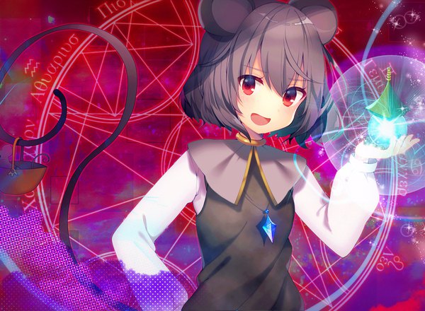 Anime picture 1920x1408 with touhou nazrin koto seori single looking at viewer fringe highres short hair open mouth hair between eyes red eyes animal ears upper body tail :d animal tail grey hair hand on hip mouse ears mouse tail